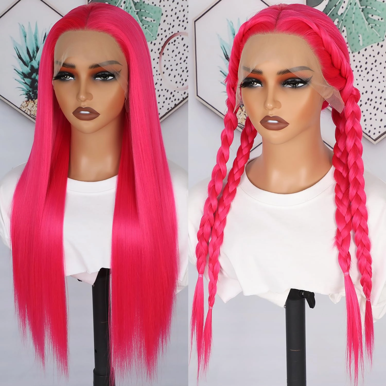 Hot Pink Lace Front Wigs Wear and Go Glueless Wig Pre Plucked Long Straight Hair Wig Magenta Pink Wigs Ready to Wear Wigs Heat Resistant Synthetic Lace Front Wigs for Women