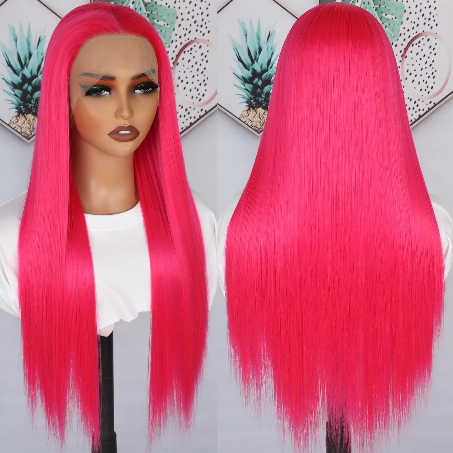 Hot Pink Lace Front Wigs Wear and Go Glueless Wig Pre Plucked Long Straight Hair Wig Magenta Pink Wigs Ready to Wear Wigs Heat Resistant Synthetic Lace Front Wigs for Women