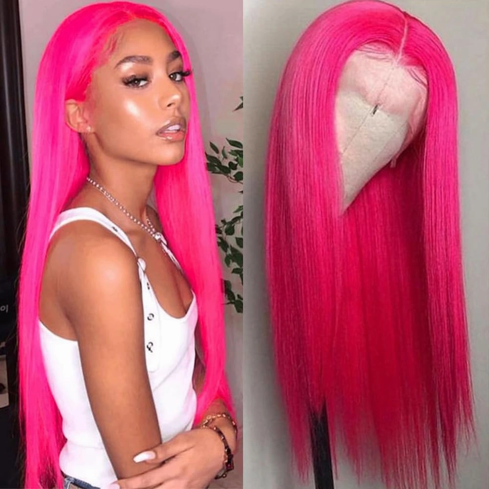 Hot Pink Lace Front Wigs Wear and Go Glueless Wig Pre Plucked Long Straight Hair Wig Magenta Pink Wigs Ready to Wear Wigs Heat Resistant Synthetic Lace Front Wigs for Women