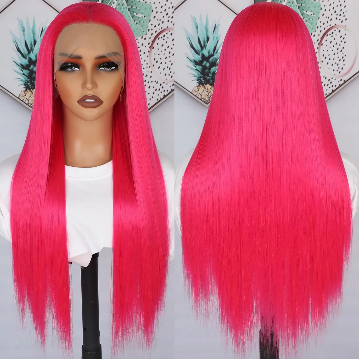 Hot Pink Lace Front Wigs Wear and Go Glueless Wig Pre Plucked Long Straight Hair Wig Magenta Pink Wigs Ready to Wear Wigs Heat Resistant Synthetic Lace Front Wigs for Women