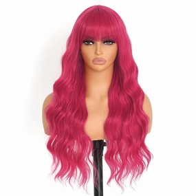 Hot Pink Wig for Women Long Curly Wig Cap With Bangs Natural Wave Synthetic Fiber Glueless Hair Wigs for Daily Party Cosplay