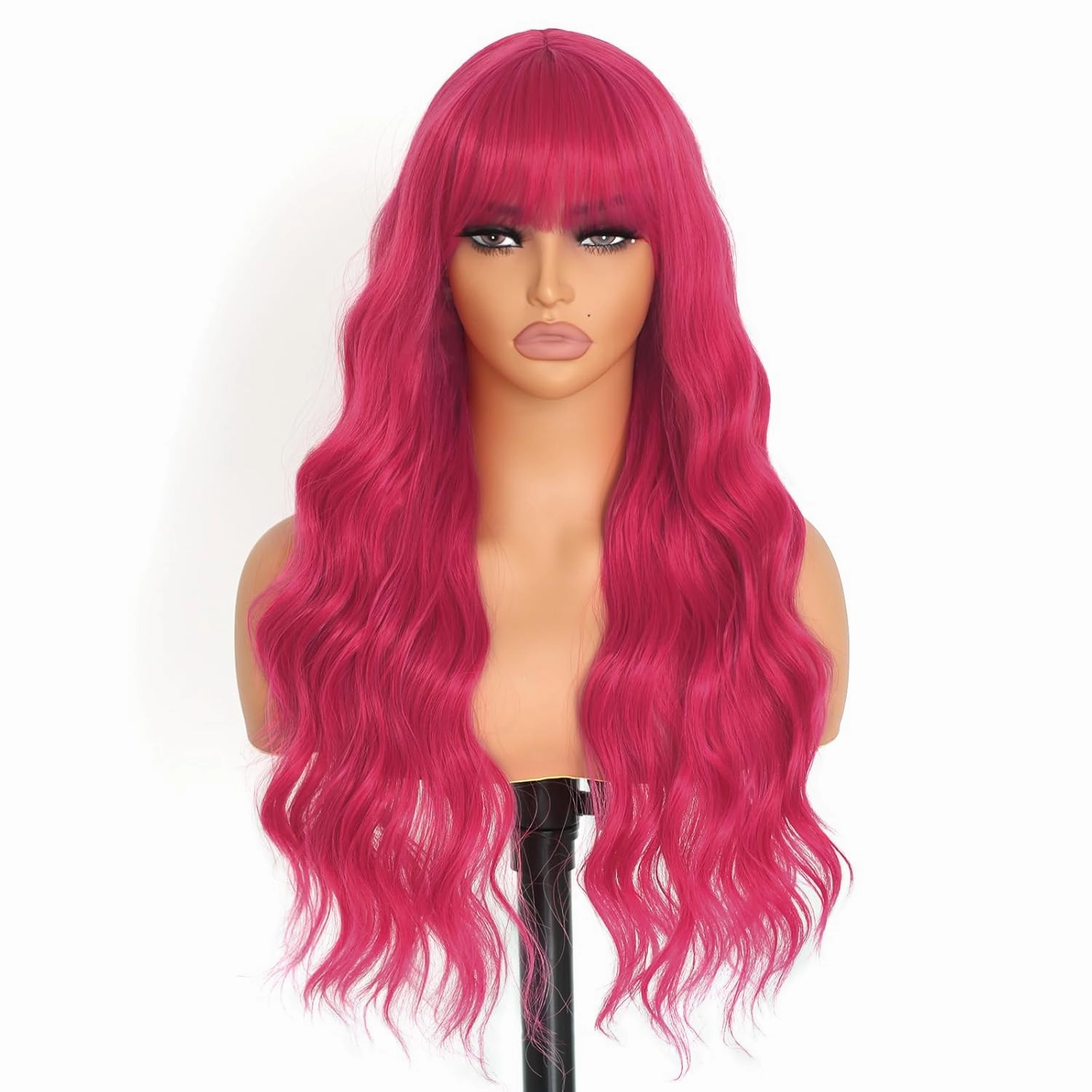 Hot Pink Wig for Women Long Curly Wig Cap With Bangs Natural Wave Synthetic Fiber Glueless Hair Wigs for Daily Party Cosplay