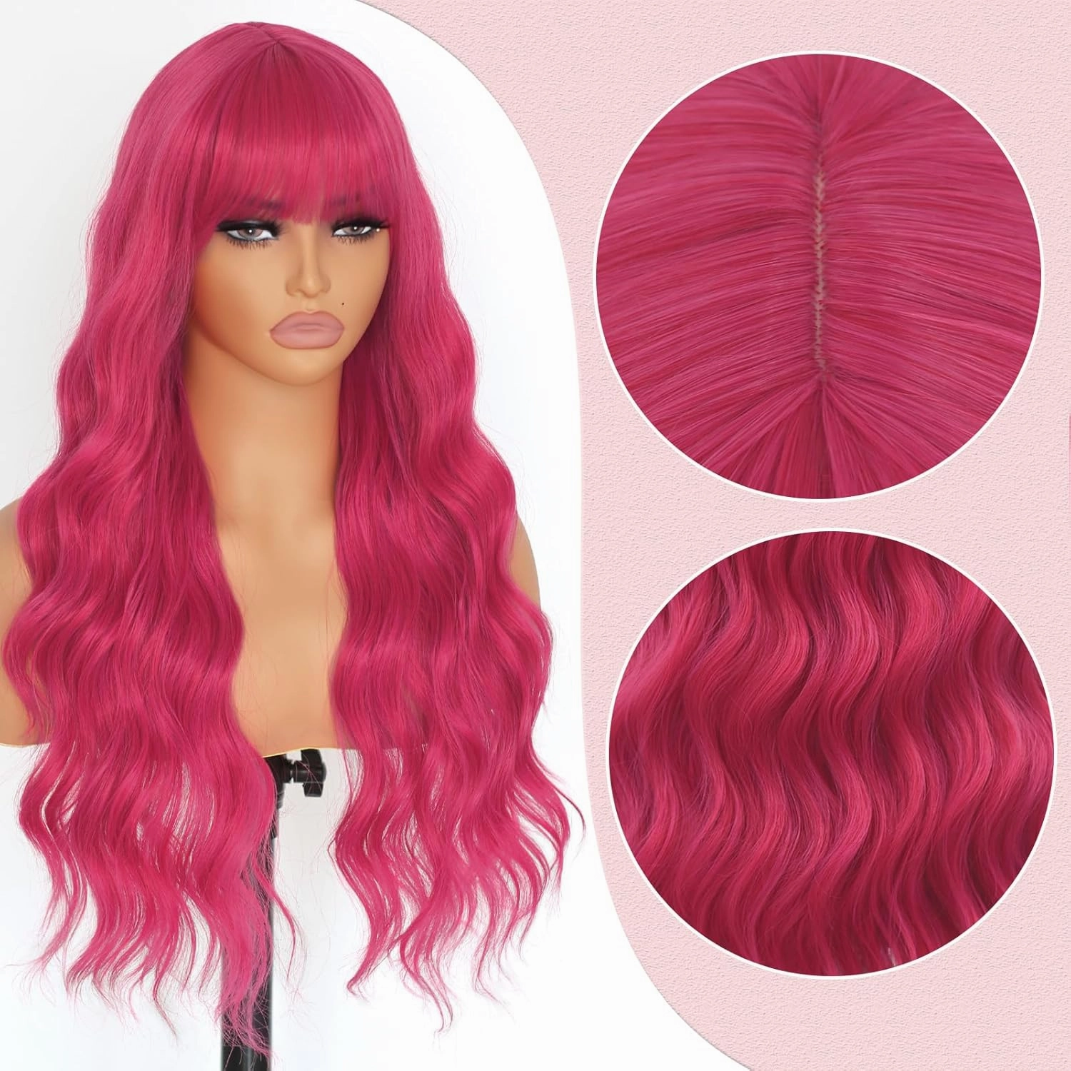 Hot Pink Wig for Women Long Curly Wig Cap With Bangs Natural Wave Synthetic Fiber Glueless Hair Wigs for Daily Party Cosplay