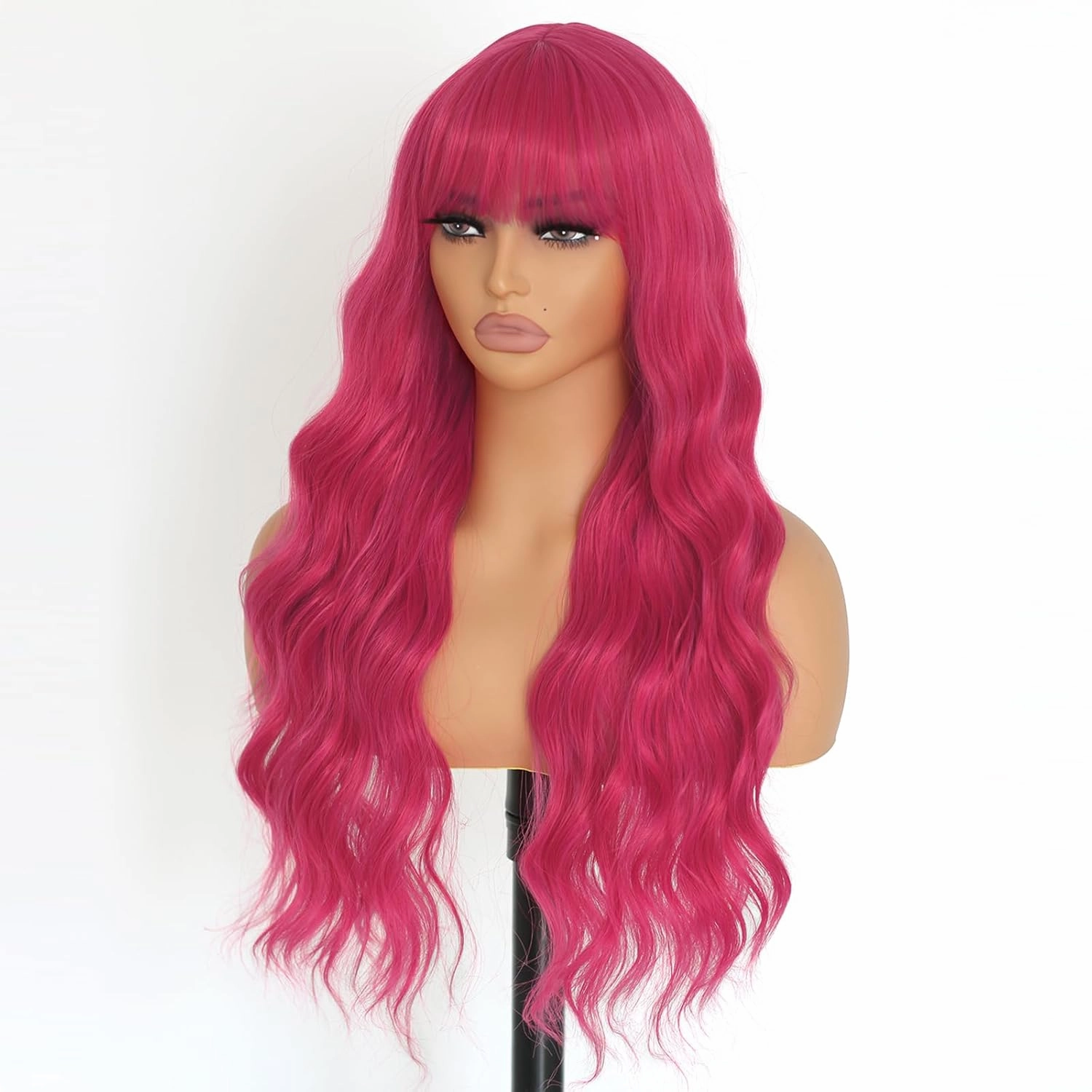 Hot Pink Wig for Women Long Curly Wig Cap With Bangs Natural Wave Synthetic Fiber Glueless Hair Wigs for Daily Party Cosplay