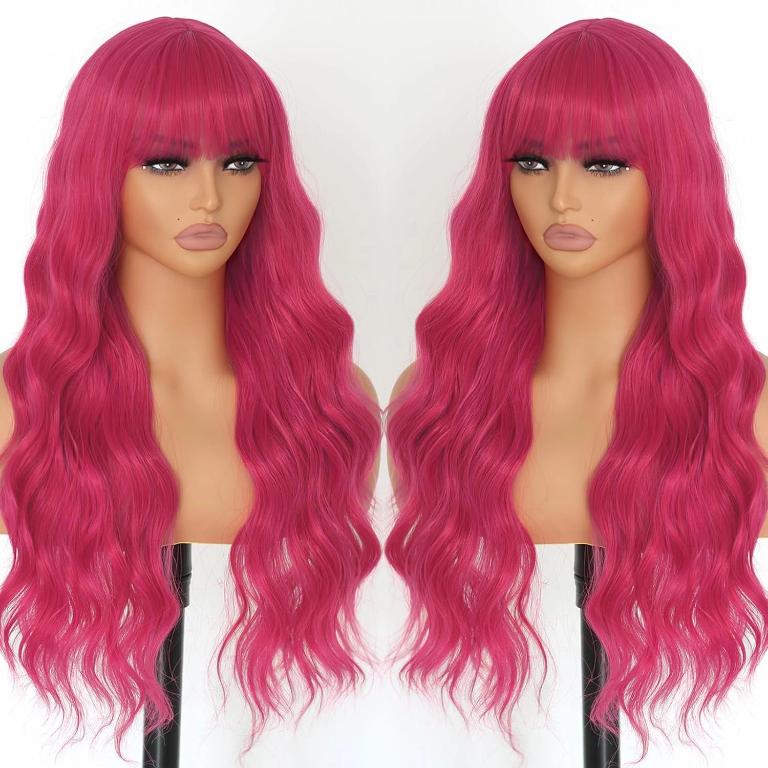 Hot Pink Wig for Women Long Curly Wig Cap With Bangs Natural Wave Synthetic Fiber Glueless Hair Wigs for Daily Party Cosplay