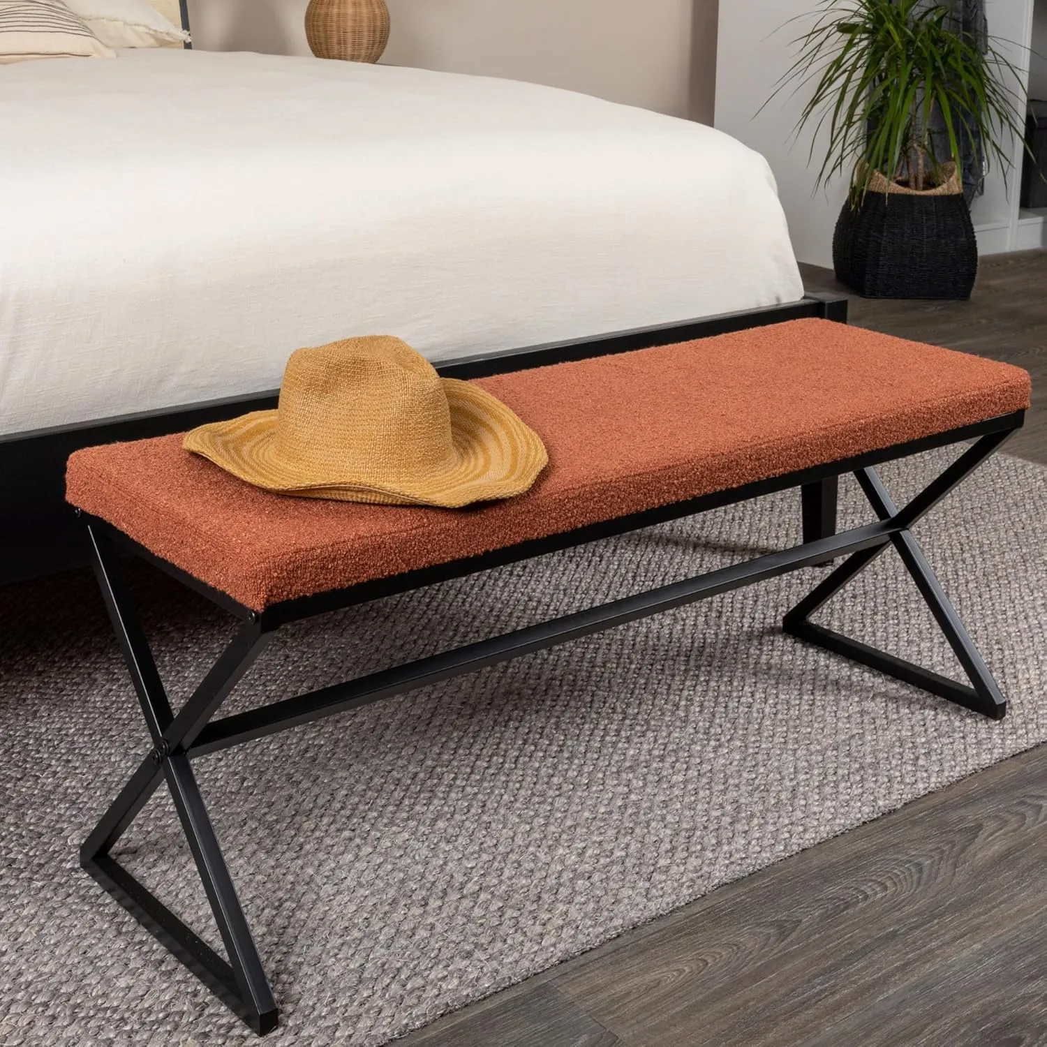 Household Essentials Harper Metal Bench with Boucle Upholstered Cushion, Terracotta and Black