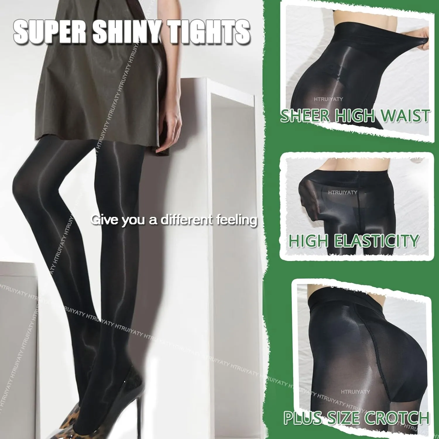 HTRUIYA Oil Shiny Pantyhose for Women Control Top Rip Resistant Tights 8D Sheer High Waist Stockings 2 pairs