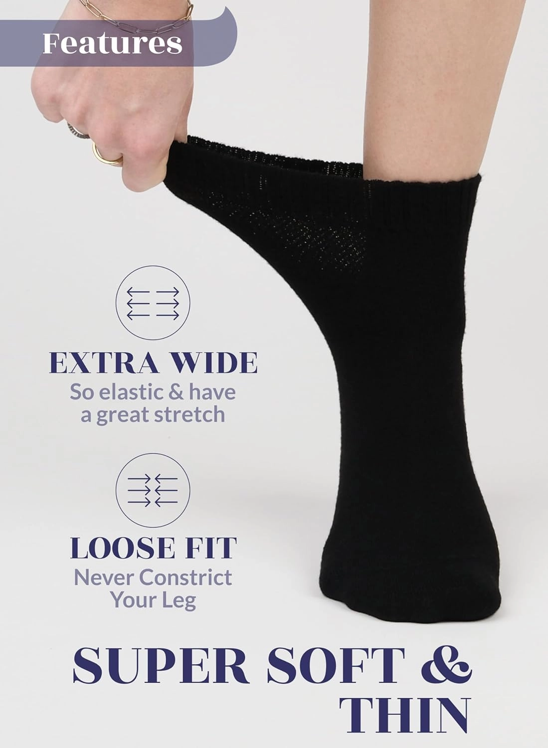 Hugh Ugoli Diabetic Socks for Women, Extremely Soft, Bamboo, Ankle, Thin, Wide, Loose, Non-Binding Top, Seamless Toe, 4 Pairs
