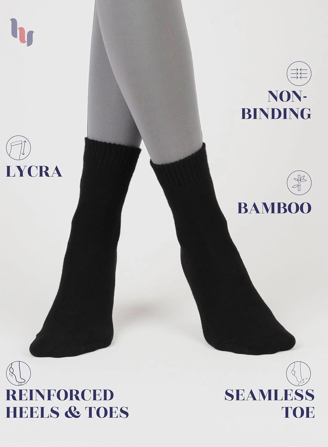 Hugh Ugoli Diabetic Socks for Women, Extremely Soft, Bamboo, Ankle, Thin, Wide, Loose, Non-Binding Top, Seamless Toe, 4 Pairs