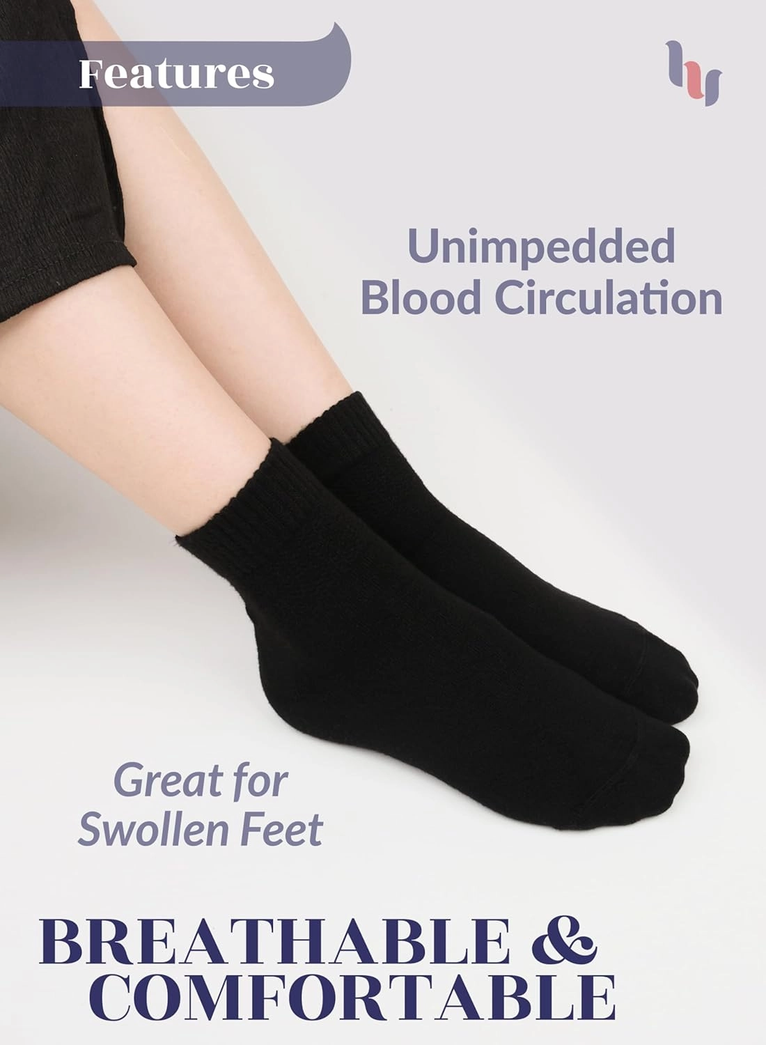 Hugh Ugoli Diabetic Socks for Women, Extremely Soft, Bamboo, Ankle, Thin, Wide, Loose, Non-Binding Top, Seamless Toe, 4 Pairs
