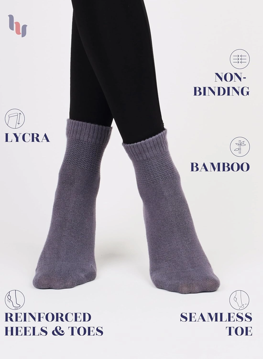 Hugh Ugoli Diabetic Socks for Women, Super Soft, Thin Bamboo Ankle Socks, Wide, Loose, Non-Binding Top, Seamless Toe, 4 Pairs