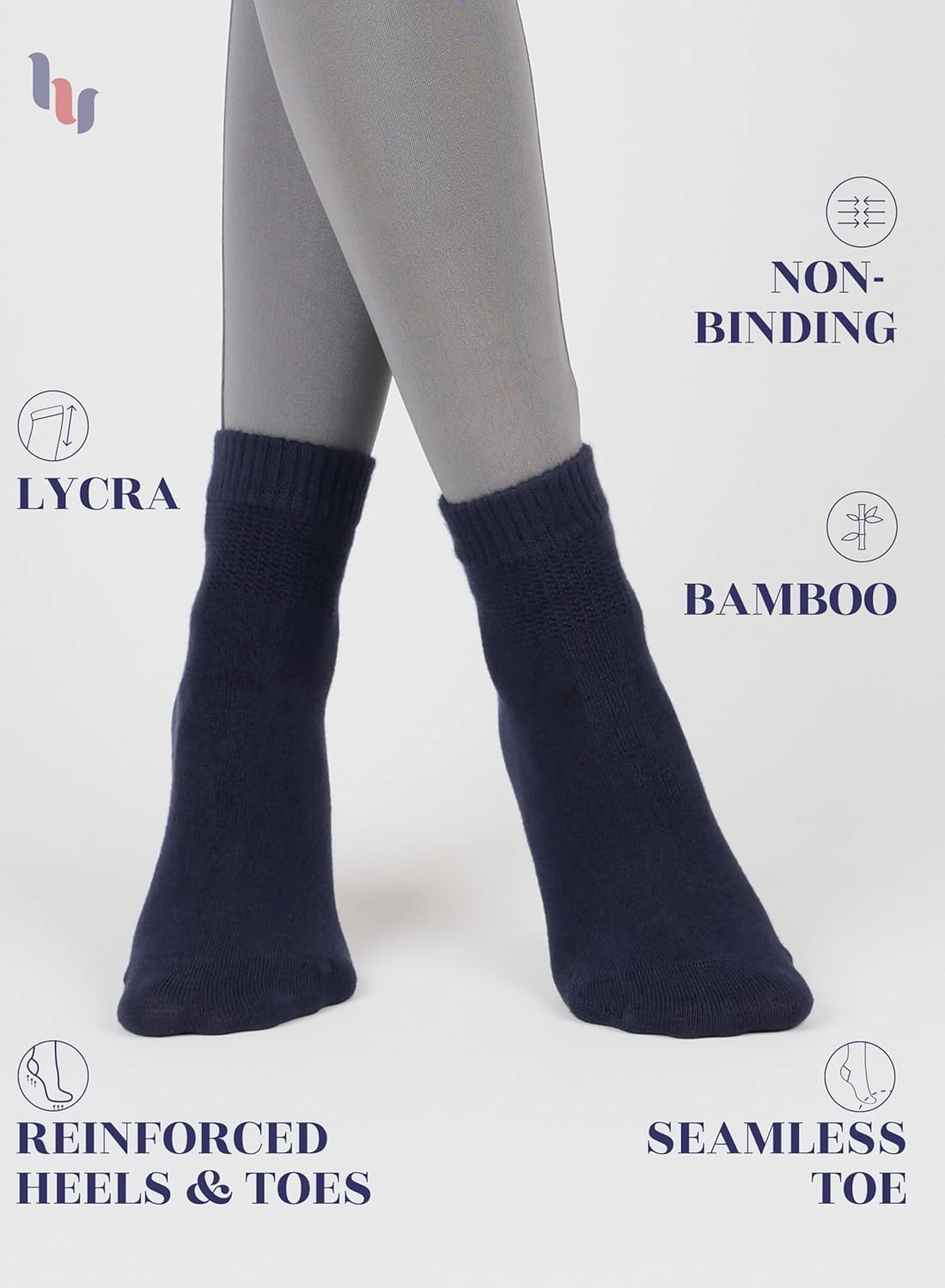 Hugh Ugoli Diabetic Socks for Women, Super Soft, Thin Bamboo Ankle Socks, Wide, Loose, Non-Binding Top, Seamless Toe, 4 Pairs