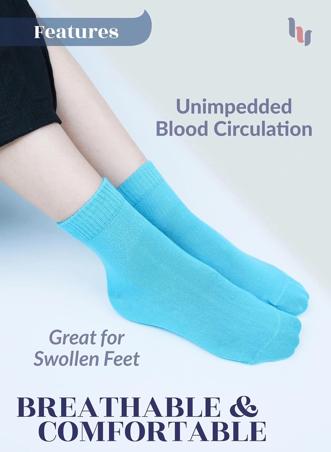 Hugh Ugoli Diabetic Socks for Women, Super Soft, Thin Bamboo Ankle Socks, Wide, Loose, Non-Binding Top, Seamless Toe, 4 Pairs