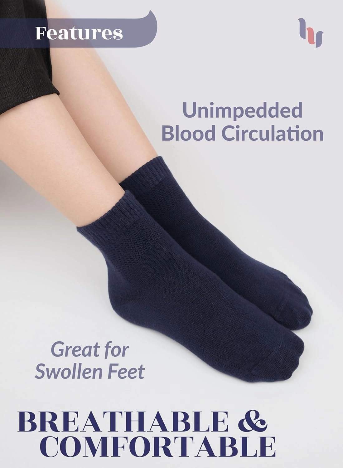 Hugh Ugoli Diabetic Socks for Women, Super Soft, Thin Bamboo Ankle Socks, Wide, Loose, Non-Binding Top, Seamless Toe, 4 Pairs