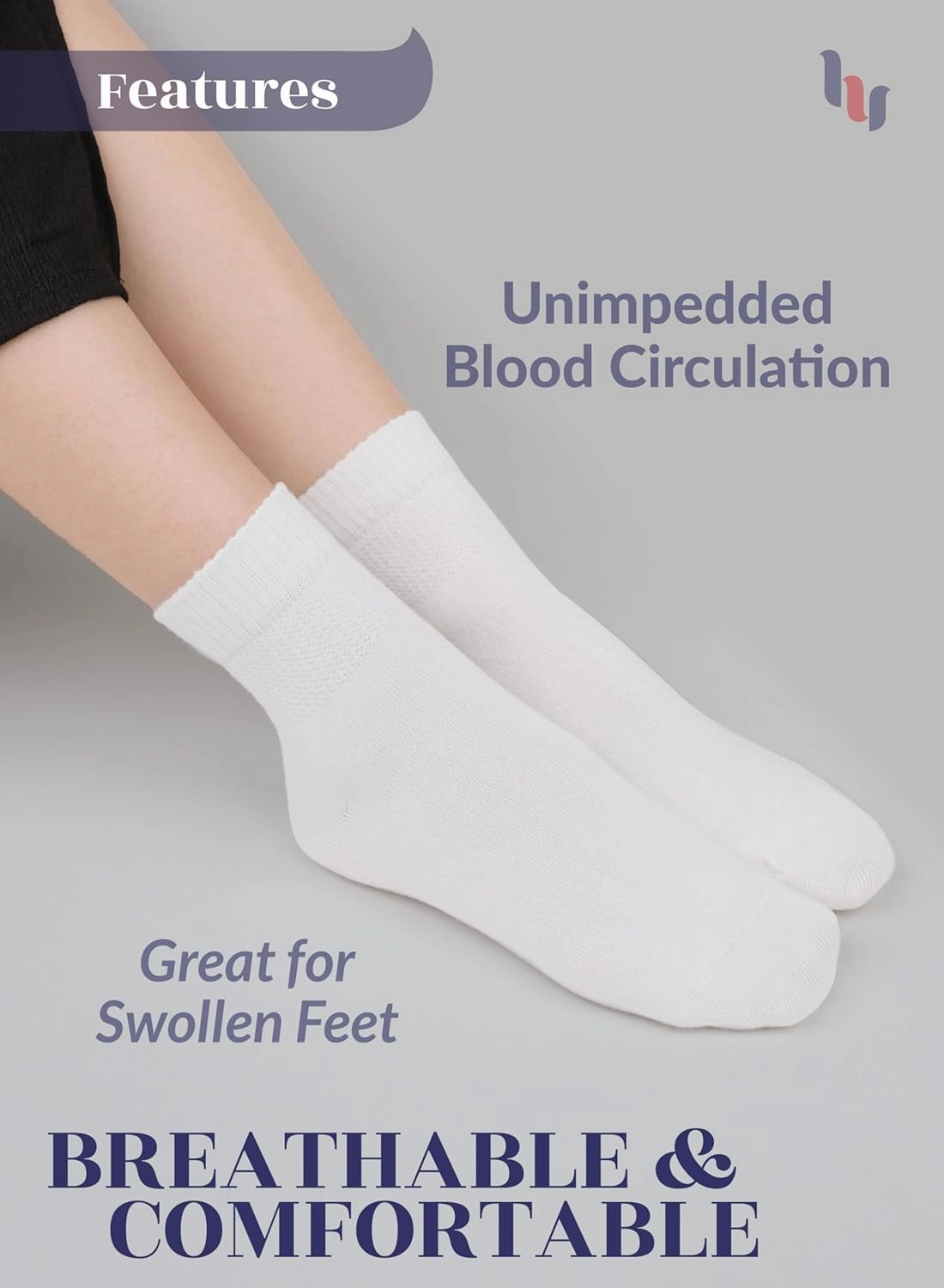 Hugh Ugoli Diabetic Socks for Women, Super Soft, Thin Bamboo Ankle Socks, Wide, Loose, Non-Binding Top, Seamless Toe, 4 Pairs