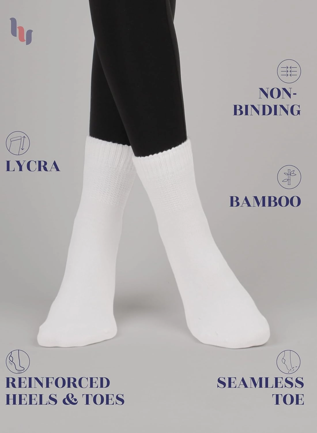 Hugh Ugoli Diabetic Socks for Women, Super Soft, Thin Bamboo Ankle Socks, Wide, Loose, Non-Binding Top, Seamless Toe, 4 Pairs
