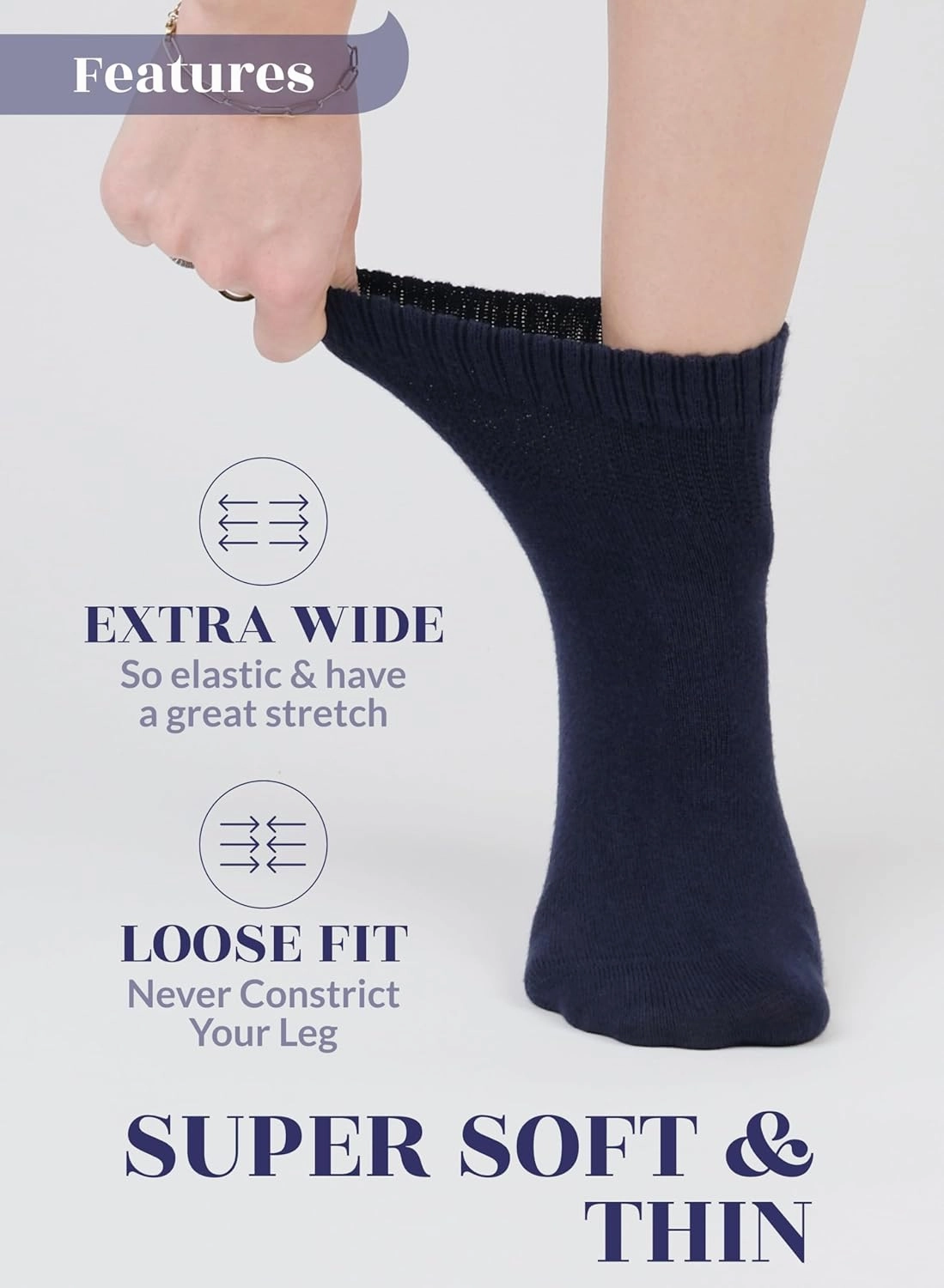 Hugh Ugoli Diabetic Socks for Women, Super Soft, Thin Bamboo Ankle Socks, Wide, Loose, Non-Binding Top, Seamless Toe, 4 Pairs