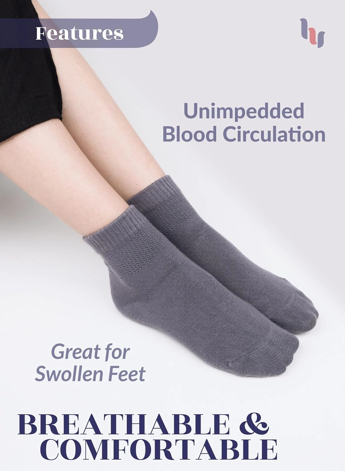 Hugh Ugoli Diabetic Socks for Women, Super Soft, Thin Bamboo Ankle Socks, Wide, Loose, Non-Binding Top, Seamless Toe, 4 Pairs