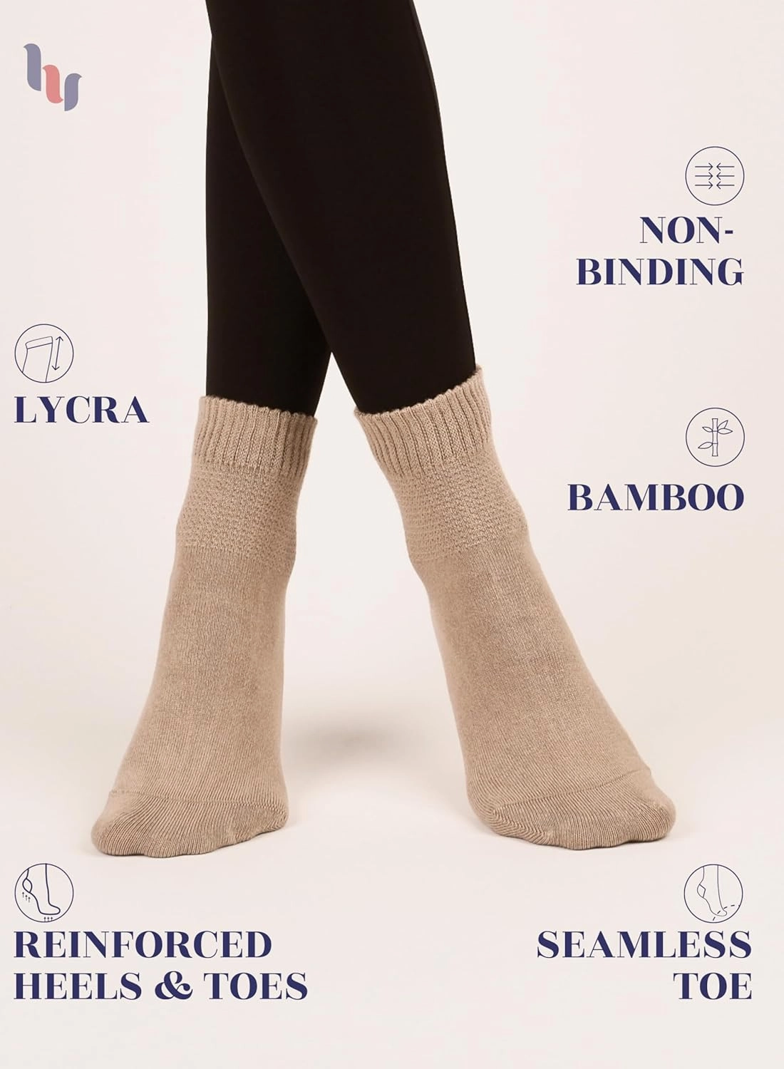 Hugh Ugoli Diabetic Socks for Women, Super Soft, Thin Bamboo Ankle Socks, Wide, Loose, Non-Binding Top, Seamless Toe, 4 Pairs