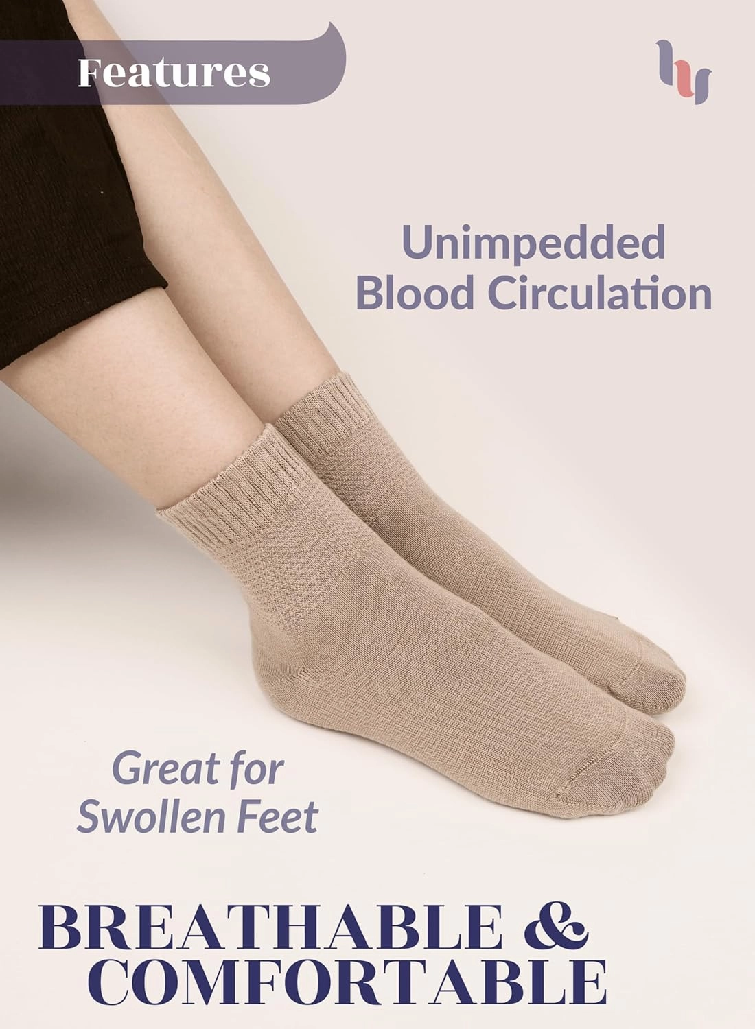 Hugh Ugoli Diabetic Socks for Women, Super Soft, Thin Bamboo Ankle Socks, Wide, Loose, Non-Binding Top, Seamless Toe, 4 Pairs