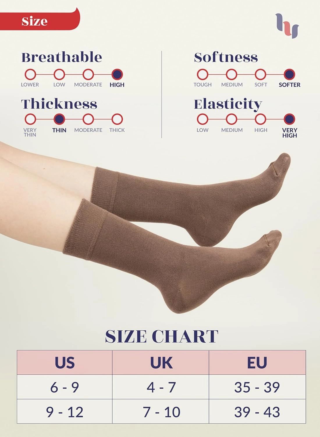 Hugh Ugoli Womens Bamboo Dress Socks, Extremely Soft, Thin, Crew Socks for Business Trouser Casual, Non-Binding, 3-6 Pairs