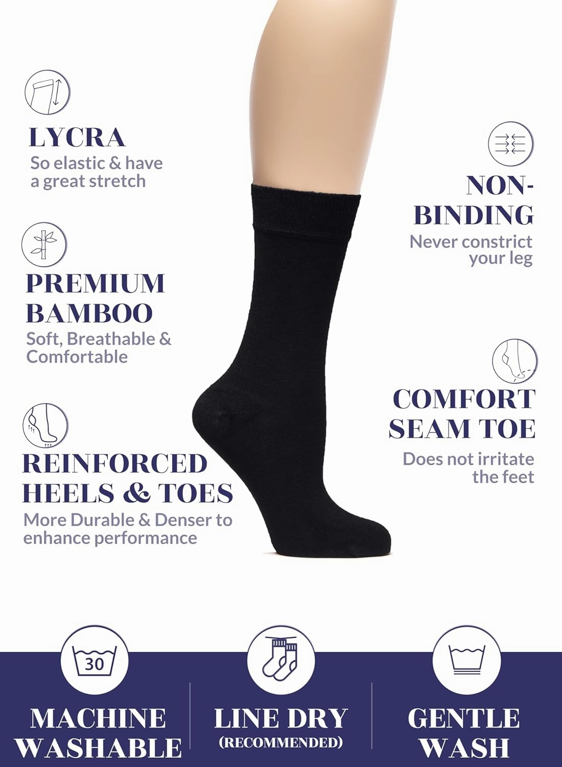 Hugh Ugoli Womens Bamboo Dress Socks, Extremely Soft, Thin, Crew Socks for Business Trouser Casual, Non-Binding, 3-6 Pairs