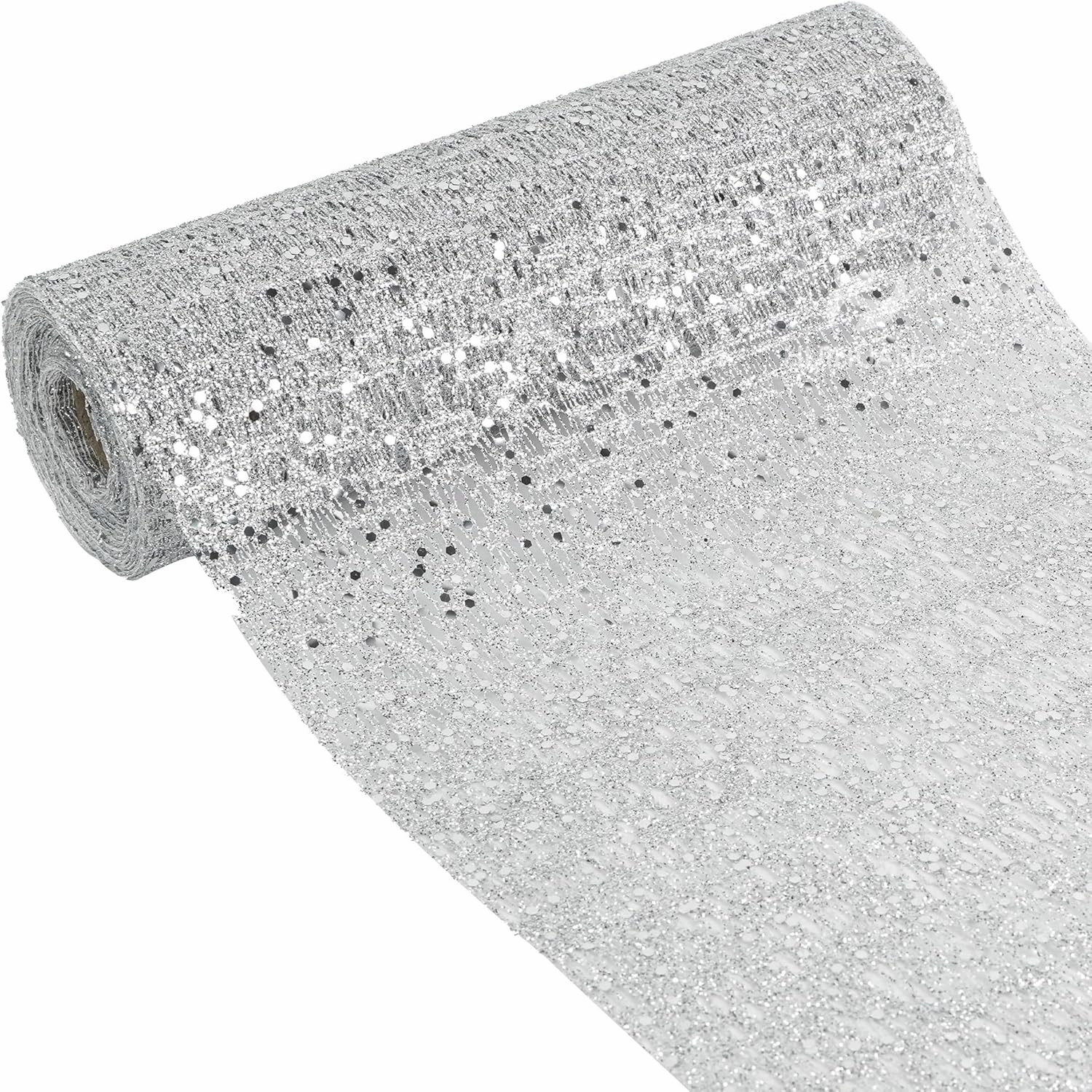 HUIHUANG Silver Christmas Ribbon 10 inch Wide Glitter Deco Mesh Ribbon Silver Mesh Fabric for Christmas Tree Decorations, Garlands, Large Bows, Large Box Wrapping- Continuous 10 Yards
