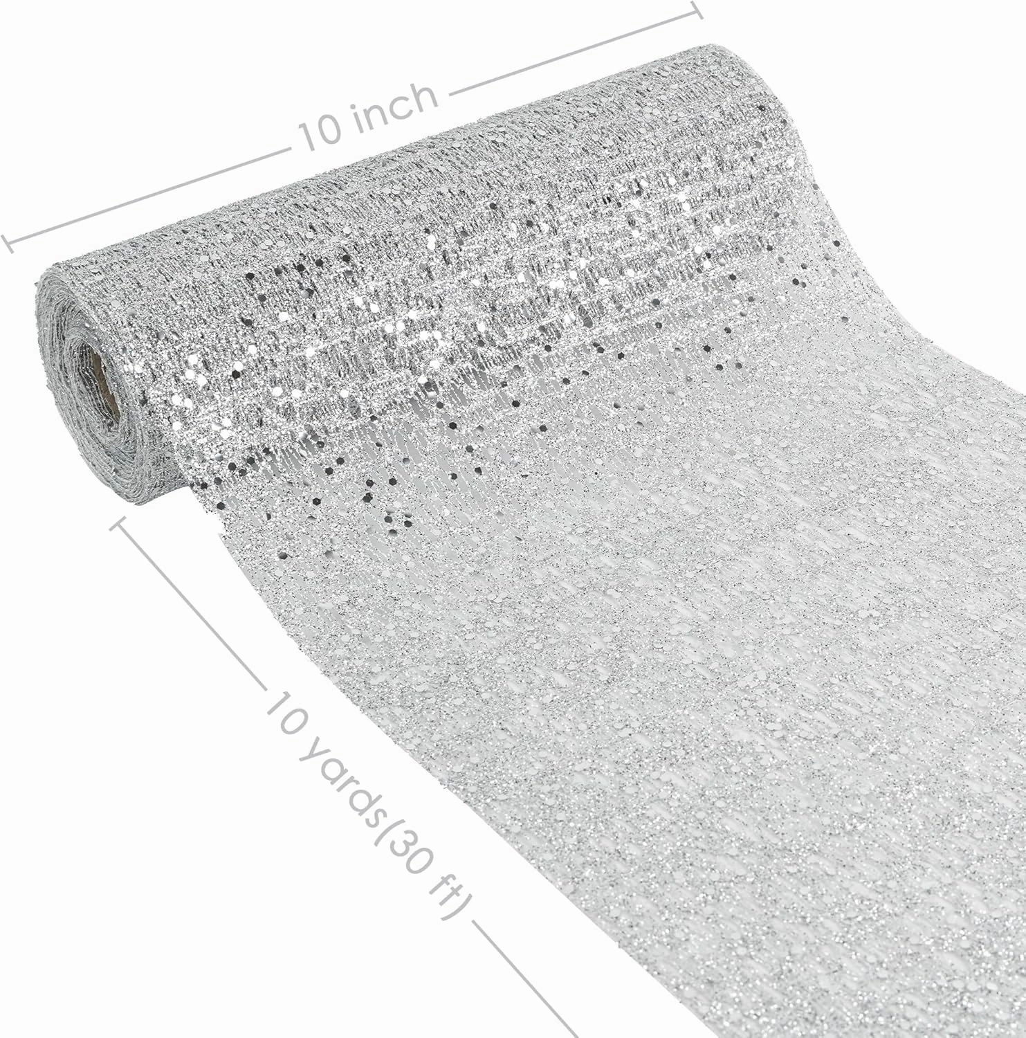 HUIHUANG Silver Christmas Ribbon 10 inch Wide Glitter Deco Mesh Ribbon Silver Mesh Fabric for Christmas Tree Decorations, Garlands, Large Bows, Large Box Wrapping- Continuous 10 Yards