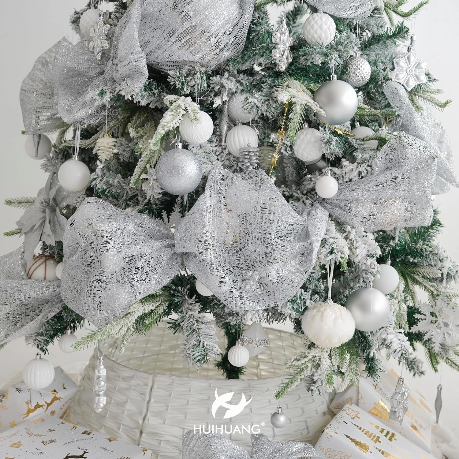 HUIHUANG Silver Christmas Ribbon 10 inch Wide Glitter Deco Mesh Ribbon Silver Mesh Fabric for Christmas Tree Decorations, Garlands, Large Bows, Large Box Wrapping- Continuous 10 Yards