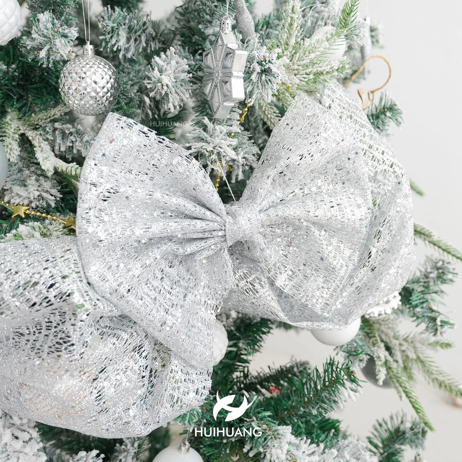 HUIHUANG Silver Christmas Ribbon 10 inch Wide Glitter Deco Mesh Ribbon Silver Mesh Fabric for Christmas Tree Decorations, Garlands, Large Bows, Large Box Wrapping- Continuous 10 Yards