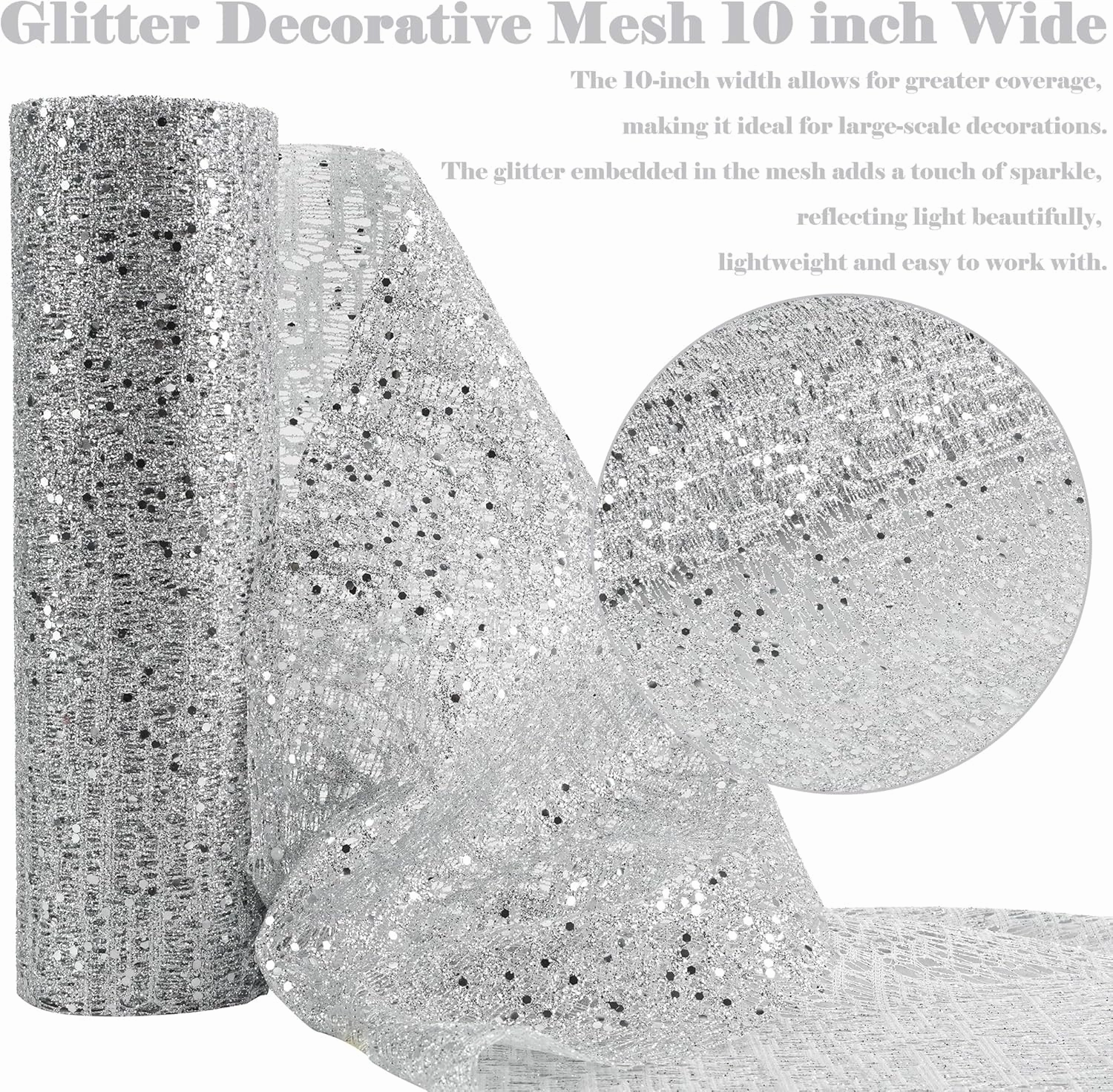 HUIHUANG Silver Christmas Ribbon 10 inch Wide Glitter Deco Mesh Ribbon Silver Mesh Fabric for Christmas Tree Decorations, Garlands, Large Bows, Large Box Wrapping- Continuous 10 Yards