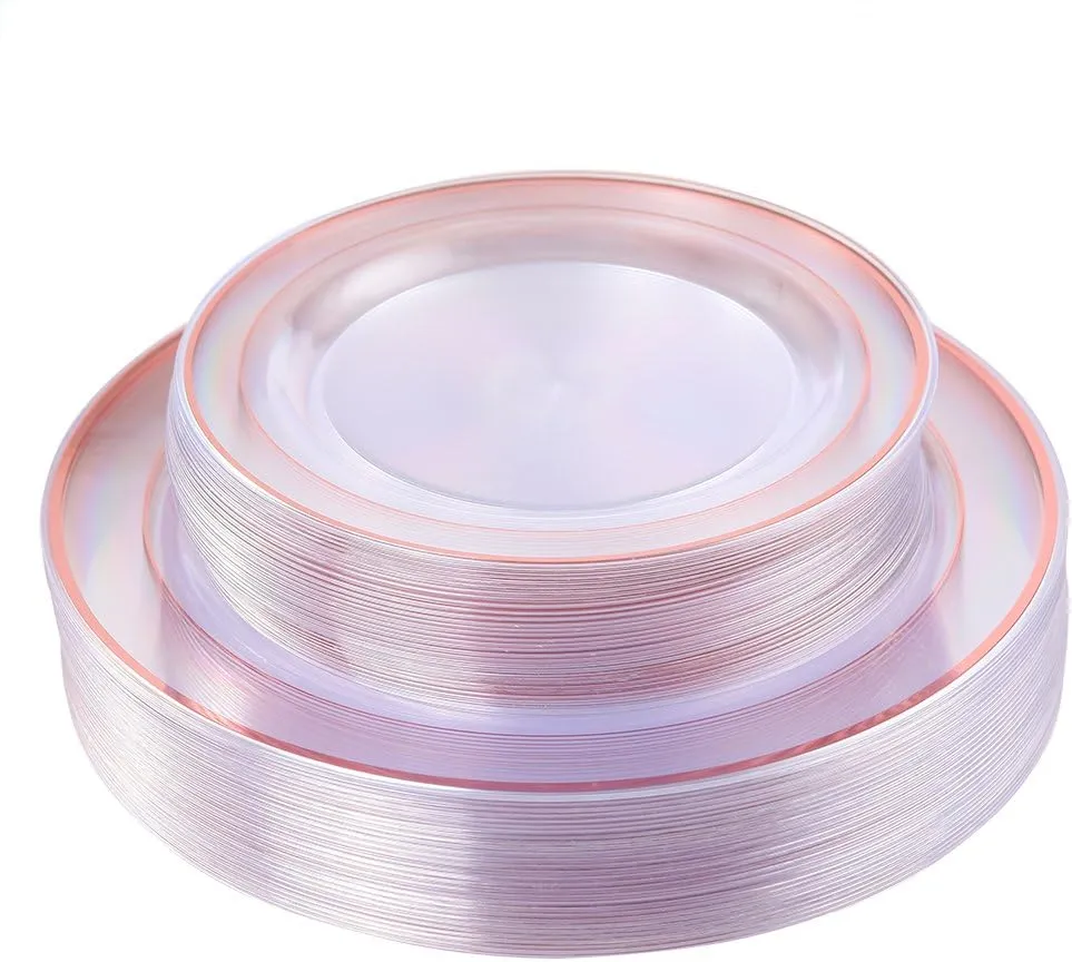 I00000 60 Pcs Rose Gold Plastic Plates, Disposable Party Set Include: 60 Clear Plastic Plates with Rose Gold Trim for dinner and dessert Perfect for Holidays, Wedding & Party Supplies