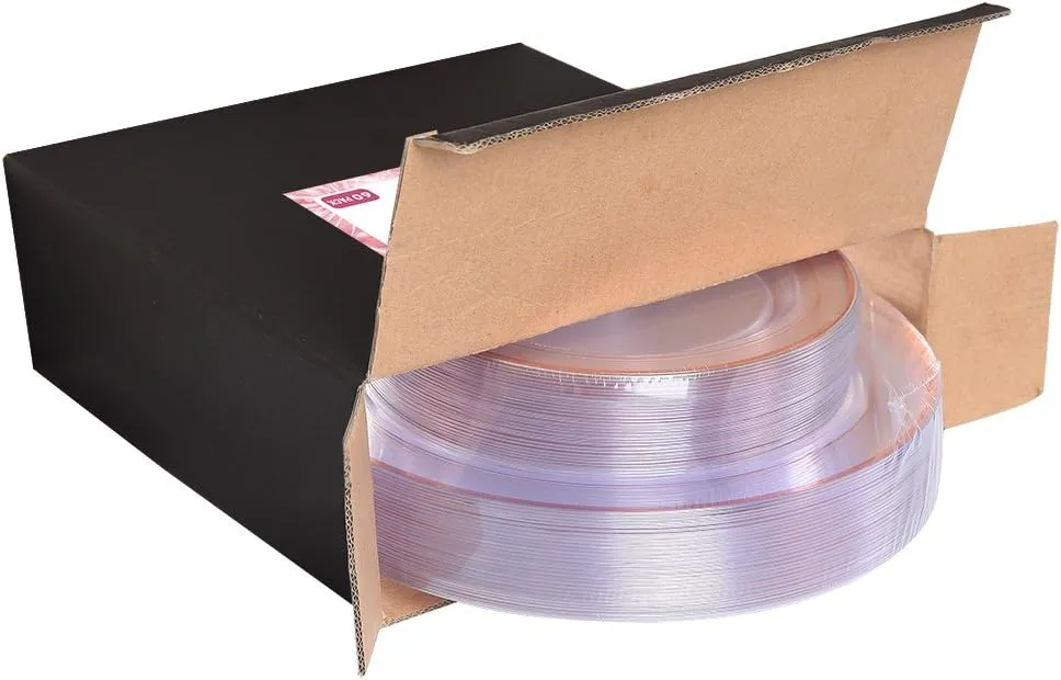 I00000 60 Pcs Rose Gold Plastic Plates, Disposable Party Set Include: 60 Clear Plastic Plates with Rose Gold Trim for dinner and dessert Perfect for Holidays, Wedding & Party Supplies