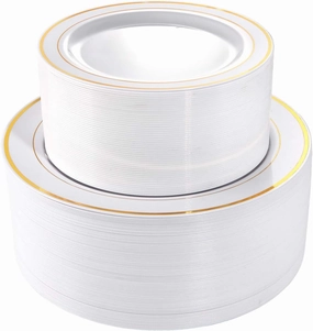 I00000 102 Pieces Gold Plastic Plates, Disposable Party Plates White Gold Rim, 51 Disposable Gold Dinner Plates 10.25 Inch and 51 Disposable Dessert Appetizer Elegant Fancy Wedding Plates 7.5 Inch