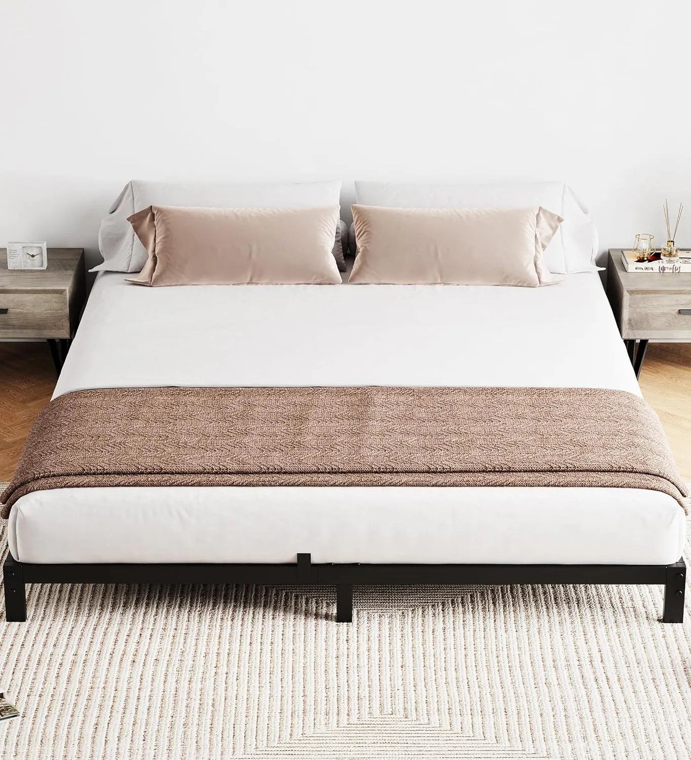 IDEALHOUSE 6 Inch Queen Bed Frame with Under Bed Storage, Heavy Duty Mattress Foundation, Easy Assembly, No Box Spring Needed, 79.9''Dx60.4''Wx6''H Platform Bed for Bedroom, Apartment, Black, Mental