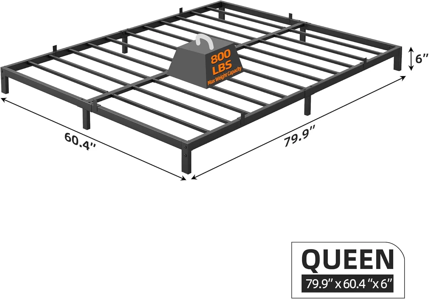 IDEALHOUSE 6 Inch Queen Bed Frame with Under Bed Storage, Heavy Duty Mattress Foundation, Easy Assembly, No Box Spring Needed, 79.9''Dx60.4''Wx6''H Platform Bed for Bedroom, Apartment, Black, Mental