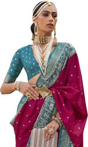 Indian Women's Pink Woven Design Patola Silk Saree with Unstitched Blouse Piece (TRITH100_Parent)