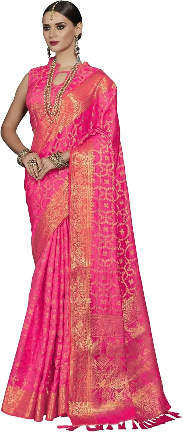 Indian Women's Pink Woven Design Patola Silk Saree with Unstitched Blouse Piece (TRITH100_Parent)