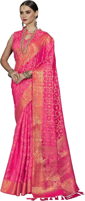 Indian Women's Pink Woven Design Patola Silk Saree with Unstitched Blouse Piece (TRITH100_Parent)