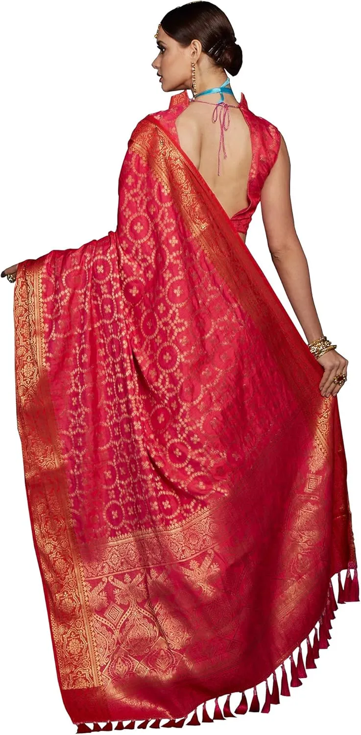 Indian Women's Pink Woven Design Patola Silk Saree with Unstitched Blouse Piece (TRITH100_Parent)