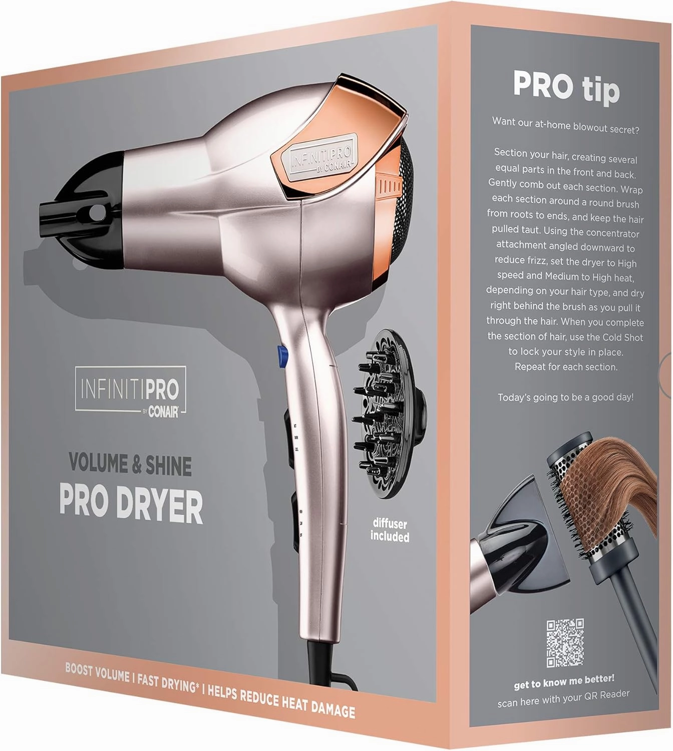 INFINITIPRO BY CONAIR Hair Dryer with Diffuser | Volume and Shine Pro AC Motor Blow Dryer | Includes Diffuser and Concentrator | Rose Gold