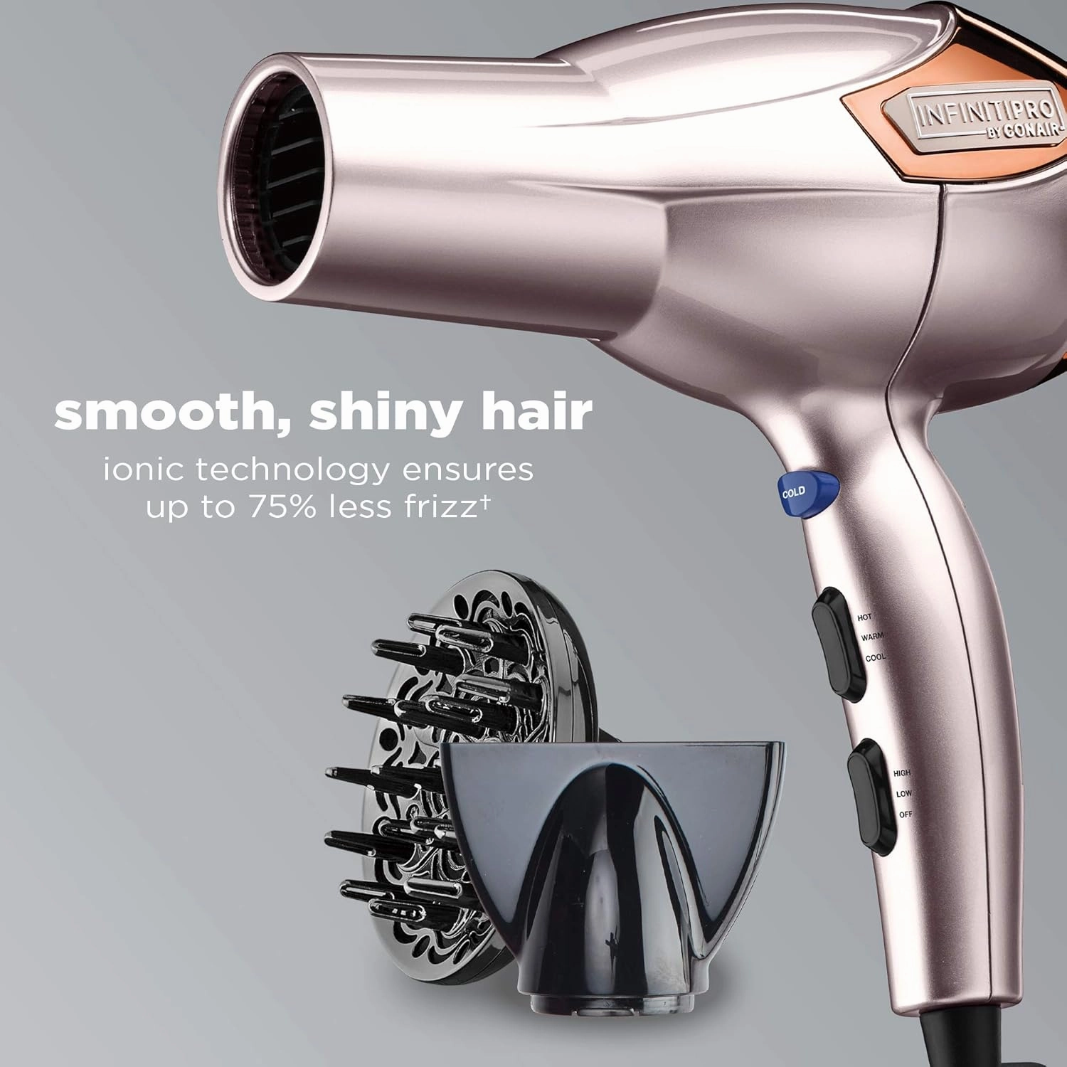 INFINITIPRO BY CONAIR Hair Dryer with Diffuser | Volume and Shine Pro AC Motor Blow Dryer | Includes Diffuser and Concentrator | Rose Gold