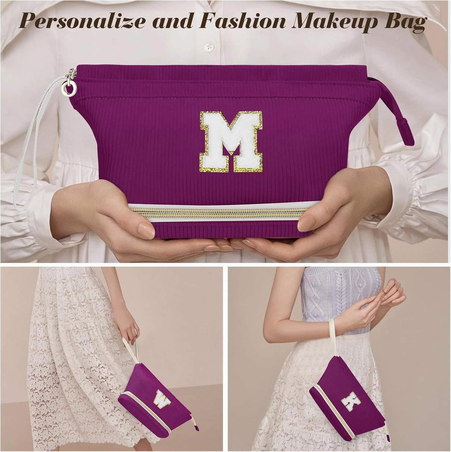 Initial Travel Makeup Bag for Women, Personalized Gift Large Double Layer Make Up Gift Cute Cosmetic Bag for Girl Makeup Pouch Wide-open Roomy Makeup Travel Bags Birthday Gifts for Her Deep Purple - A