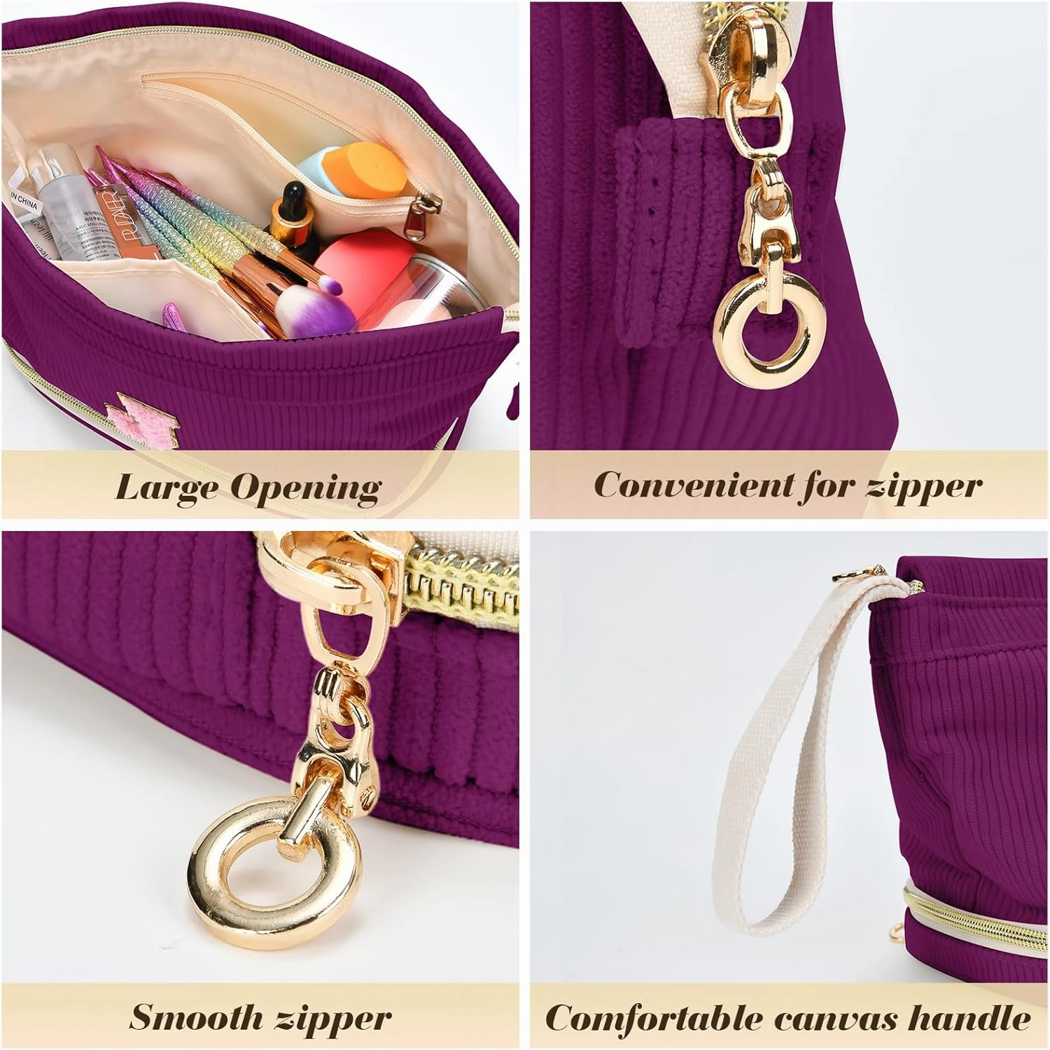 Initial Travel Makeup Bag for Women, Personalized Gift Large Double Layer Make Up Gift Cute Cosmetic Bag for Girl Makeup Pouch Wide-open Roomy Makeup Travel Bags Birthday Gifts for Her Deep Purple - A