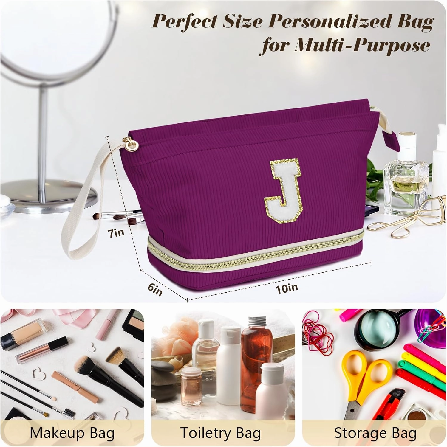 Initial Travel Makeup Bag for Women, Personalized Gift Large Double Layer Make Up Gift Cute Cosmetic Bag for Girl Makeup Pouch Wide-open Roomy Makeup Travel Bags Birthday Gifts for Her Deep Purple - A