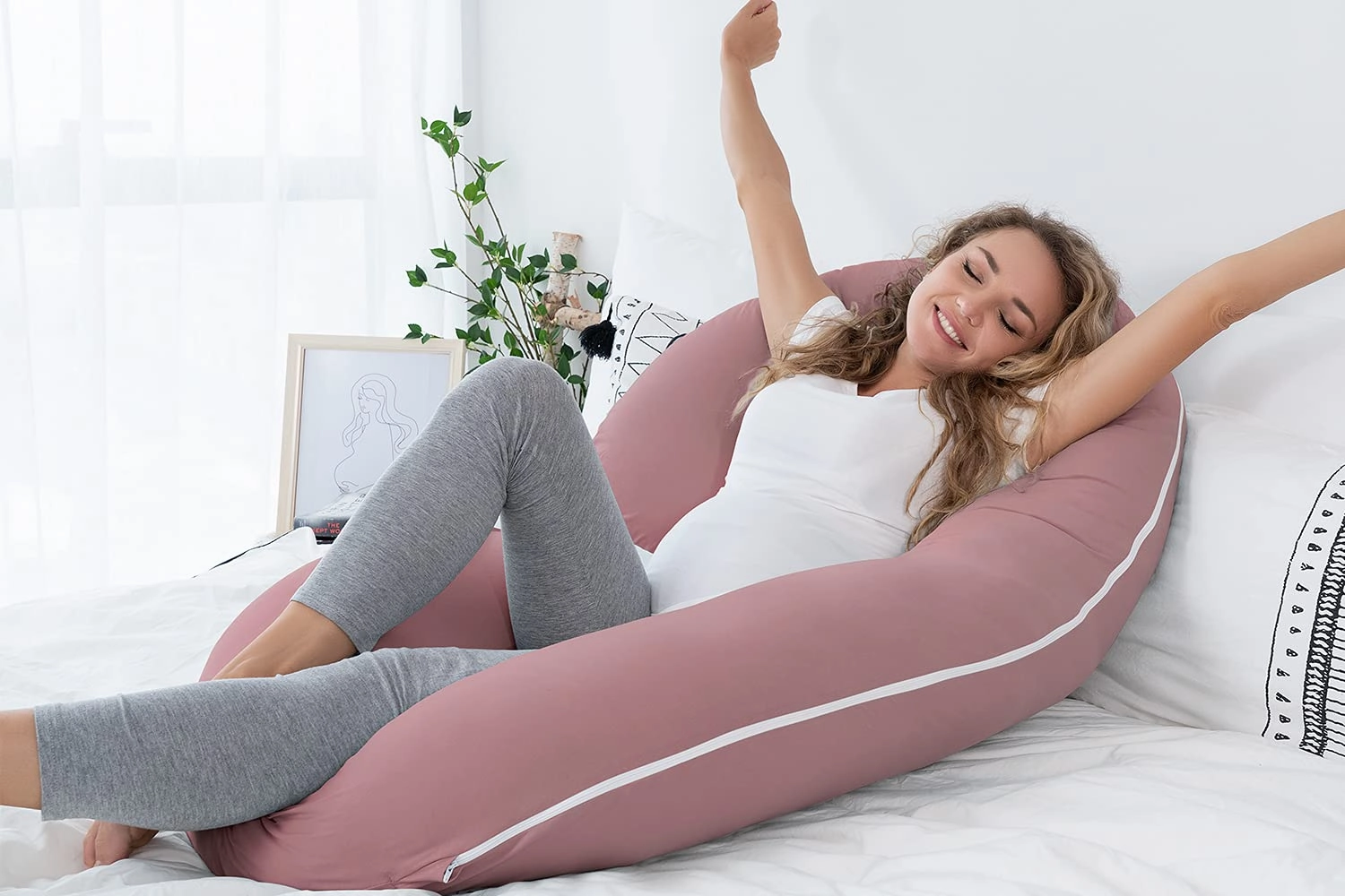 INSEN Cooling Pregnancy Pillow, Maternity Pillow with Soft Cotton Cover, C Shaped for Pregnant Sleeping (Cooling Cotton-Pink)