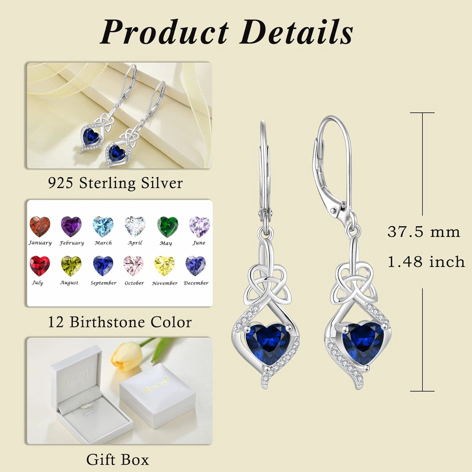 Irish Celtic Knot Earrings for Women 925 Sterling Silver Dangle Drop Infinity Leverback Earrings with Birthstone Good Luck Jewelry Gifts for Women Her