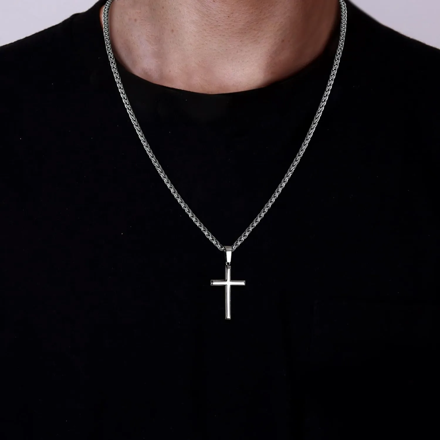 IRONBOX 925 Sterling Silver Cross Necklace for Men Women with 3MM Stainless Steel Strong Durable Wheat Chain 18K White Gold Plated Crucifix Pendant Necklace Jewelry 16-30 Inches
