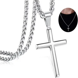 IRONBOX 925 Sterling Silver Cross Necklace for Men Women with 3MM Stainless Steel Strong Durable Wheat Chain 18K White Gold Plated Crucifix Pendant Necklace Jewelry 16-30 Inches