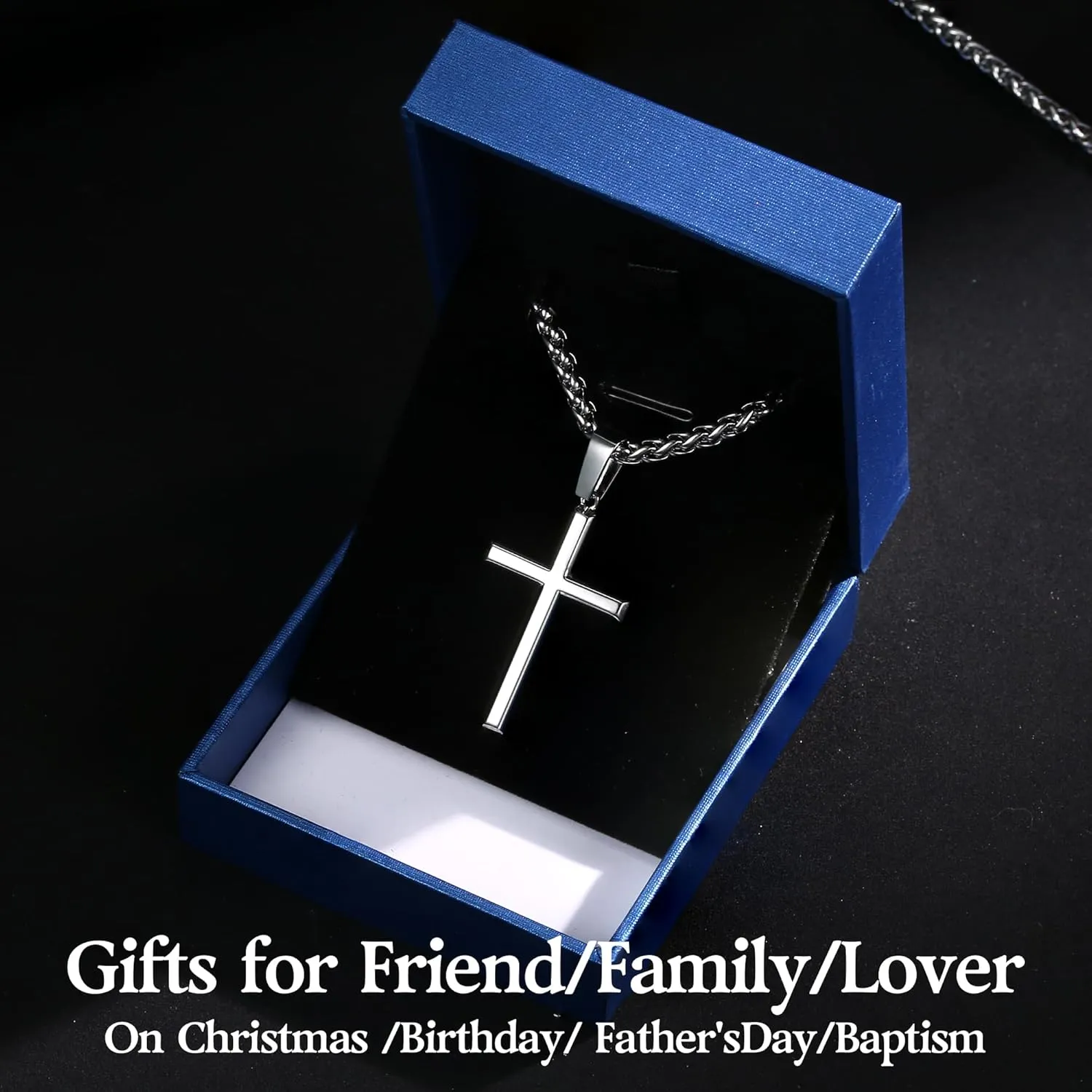 IRONBOX 925 Sterling Silver Cross Necklace for Men Women with 3MM Stainless Steel Strong Durable Wheat Chain 18K White Gold Plated Crucifix Pendant Necklace Jewelry 16-30 Inches